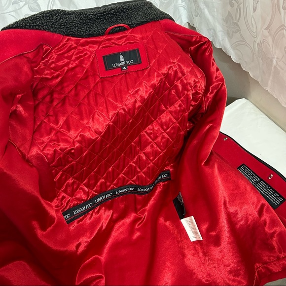 London Fog ZENA Candy Red Black Leather Trim Wool Clasp Snap Button Up Pea Coat - Picture 9 of 13